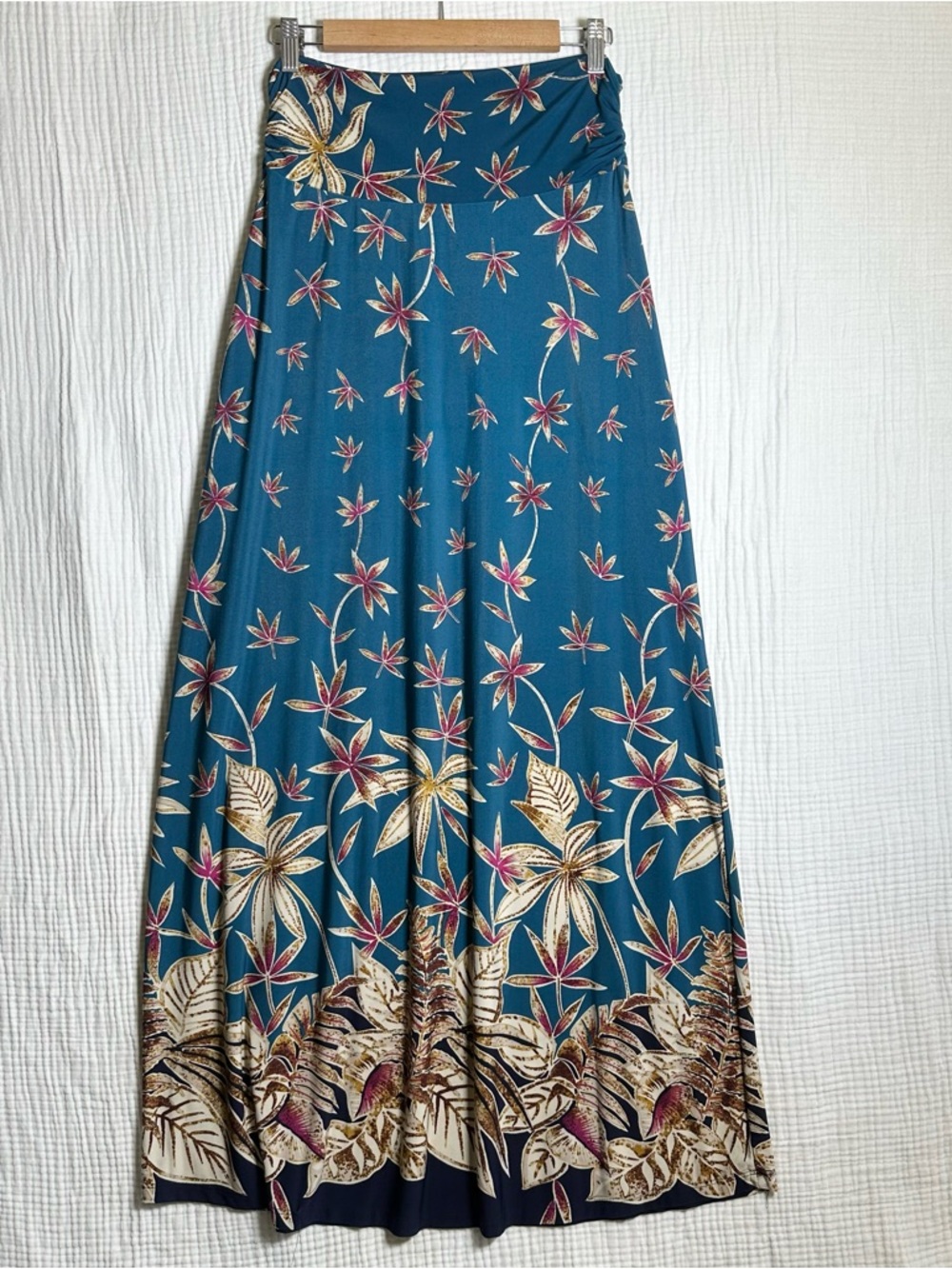 Anthropologie Teal Hawaiian Long Boho Floral Tropical Maxi Skirt-M-Stretch Flowy